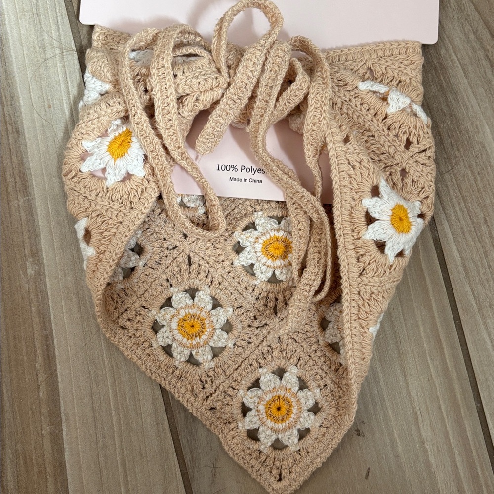 NWT Piper K Daisy Crochet Hair Scarf - Tan, White, Yellow - Picture 4 of 4